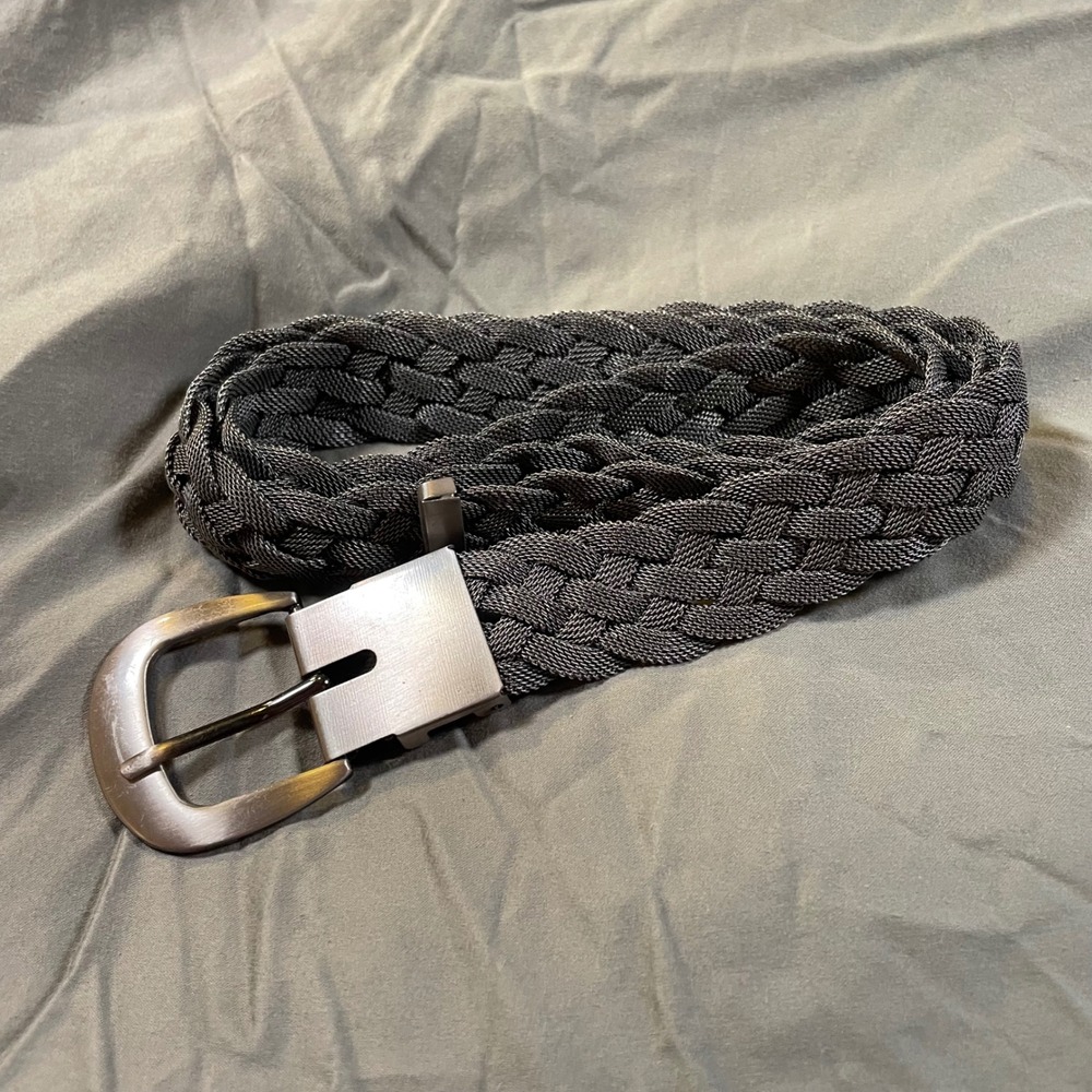 Gunmetal Braided Mesh Chain Link Belt Woven Metallic Silver Tone Buckle 41 Inch